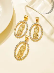 Detailed close-up of gold stainless steel rhinestone Virgin Mary pendant for DIY jewelry design.