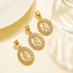 Gold stainless steel rhinestone Virgin Mary oval pendant necklace jewelry accessory DIY charm