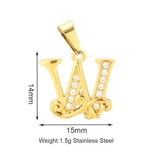 Ciondolo lettera W in acciaio inossidabile dorato con zirconi brillanti e onde 14x15mm