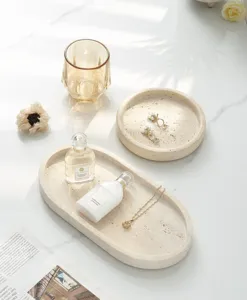 Natural travertine stone storage tray set, elegant decorative round and oval vanity tray.