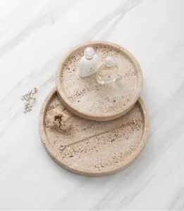 Natural travertine stone round decorative trays set, elegant desktop storage organizer for home.