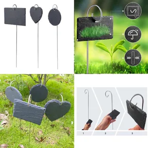 Natural slate plant labels detail view showing various shapes and easy installation.