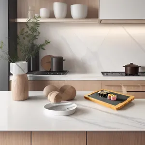 Detail view of a rectangular bamboo wood tray with black slate plate on a kitchen counter.