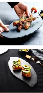Detailed view of the creative leaf-shaped natural slate dinner plate, perfect for food serving.