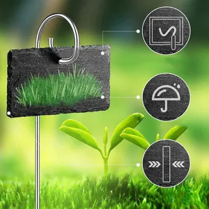 Natural slate plant label with metal stake for garden marker, durable outdoor plant tag.