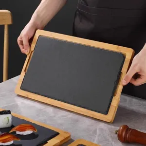 Rectangular slate and wooden serving tray for sushi, steak and restaurant display use