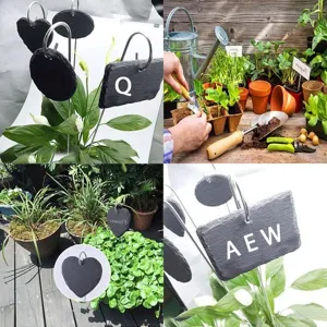 Natural slate plant labels with metal wire stakes, perfect garden markers for potted plants.