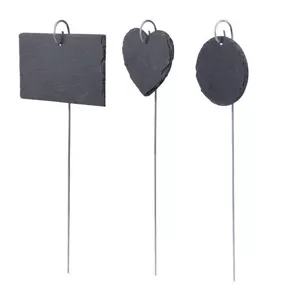 Natural slate plant labels set with metal stakes, rectangle heart circle garden signs.