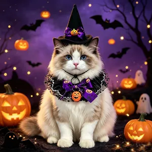 Detail van het Halloween huisdierenkostuum met heksenhoed en paars slabje met pompoen.