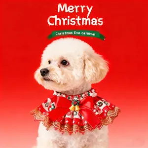 Christmas pet dog cat lace bib collar with red bow and bells for holiday dress up detail shot