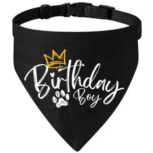 Black pet birthday bandana with adjustable collar, featuring crown and paw design.