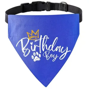 Blue pet birthday bandana collar with adjustable black strap, perfect for dogs and cats.