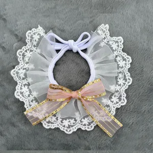 Cute lace pet collar with pink bow, stylish lace bib for cats and small dogs daily wear.