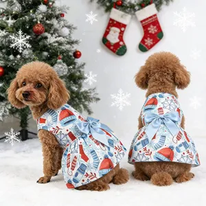 Christmas dog dress with cute bow print, perfect cute winter and holiday pet apparel for puppy.