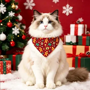 Festive Christmas pet bandana close-up featuring cute gingerbread man pattern on soft red fabric.