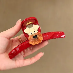 Koreanischer Stil süßer Hund Haarspange, hochwertige rote Acetat Haarklammer für Frauen.