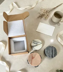 Naturmarmor Untersetzer Set mit Metallhalter und Geschenkkarton für Zuhause Büro