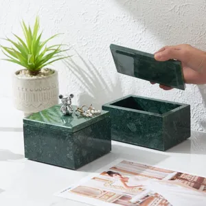 Modern natural marble jewelry box with cute bear figurine, elegant home decor storage.