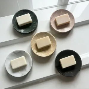 Natural marble round soap dish set, elegant bathroom sink soap holder and tray.