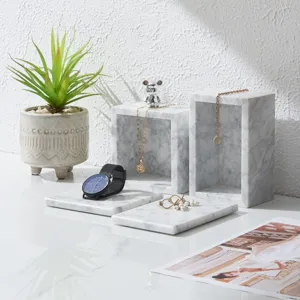 Modern natural marble jewelry display box set for home decoration and desktop storage.