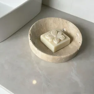 Natural marble round soap dish for bathroom sink, elegant stone soap tray and holder.