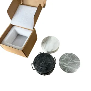 Set di Sottobicchieri in Marmo Naturale con Supporto in Metallo e Scatola Regalo Casa.