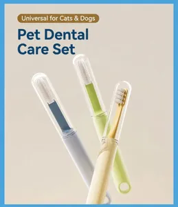 Pet dental cleaning set with multi-angle toothbrushes in clear cases for dogs and cats.