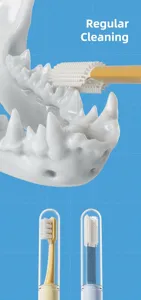 Pet toothbrush detail view showing dual heads with TPR soft bristles for cats and dogs.