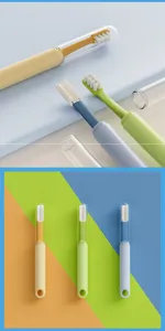 Multi-angle pet toothbrush with clear case, dual-head TPR teeth cleaning tool for cats and dogs.