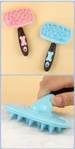 Detail view of silicone pet bath and massage brush with cute bone design handle for dogs.