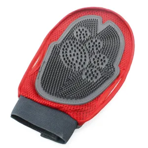 Red silicone pet grooming glove with breathable mesh fabric, ideal for dog and cat bath time.