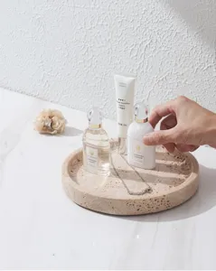 Natural travertine round tray home storage tray decorative stone organizer for bathroom