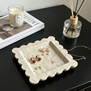 Scalloped travertine tray Wabi-Sabi tabletop decorative tray for home decor and key organizer