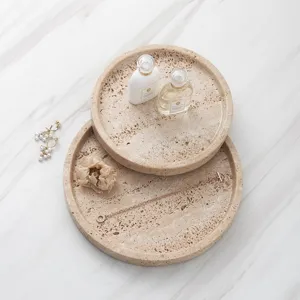 Natural travertine round tray set, stylish stone storage plate for home decor, tabletop organizer.