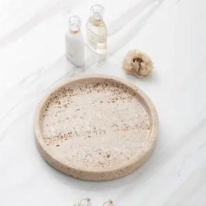 Natural travertine round stone tray for home decor, tabletop storage and luxury bathroom organizer.