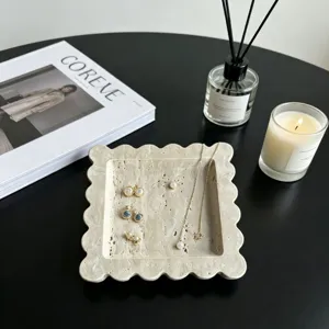 Square travertine storage tray with scalloped edge, wabi-sabi style home decor organizing tray.