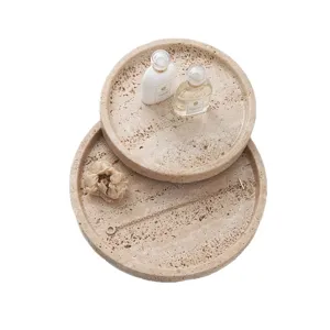 Natural travertine round serving tray decorative stone organizer for home decor table centerpiece