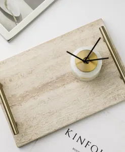 Marble travertine tray detail, luxury gold handle, elegant table organizer for home decor.