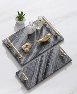 Tablett aus natürlichem Marmor mit goldenen Griffen für Badezimmer, Luxus Deko-Ablage.