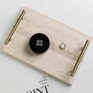 Natural travertine decorative tray with luxury metal handles for desktop storage and home decor.