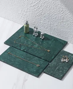 Green natural marble photography props tray for jewelry and cosmetic display shooting background.