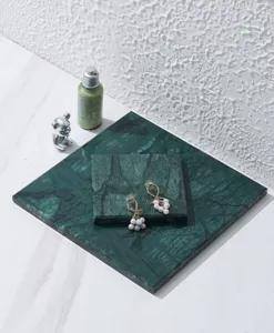 Natural green marble display tray for jewelry and cosmetics photography background prop.