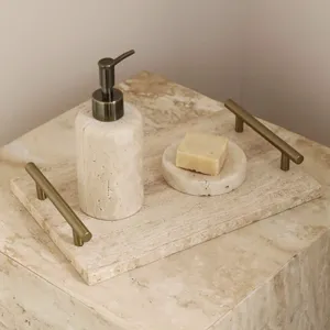 Natural travertine stone tray set with luxury brass handles for bathroom vanity and home decor