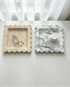 Natural marble scalloped tray detail, elegant home decor storage plate for jewelry and perfume.