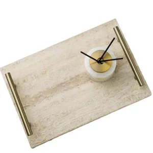 Natural travertine stone tray with metal handles, luxury desktop storage organizer and home decor.