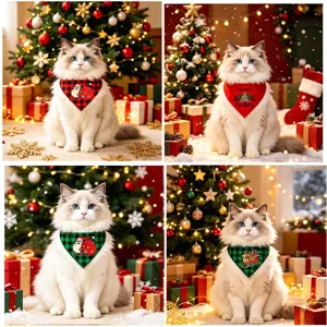 Christmas pet bandana for dogs and cats, holiday plaid saliva towel puppy scarf decoration.