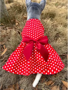 Red polka dot pet dress with big bow for cute dogs and cats, stylish puppy apparel.