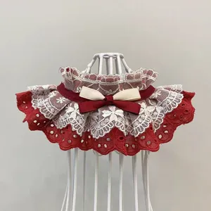 Red and white lace pet collar detail with delicate bowknot, perfect close-up view.