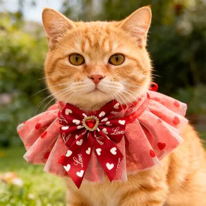 Detailed close-up view of pet bib featuring red lace and a sparkling heart bow for cats.