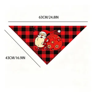 Christmas pet bandana detail, red and black plaid dog scarf with Santa Claus design.